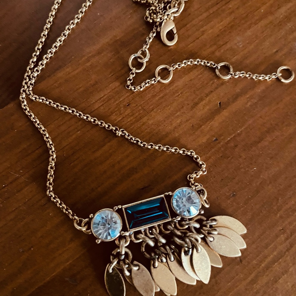 J Crew Gold Tone Necklace with Blue and Teal Gem Accents